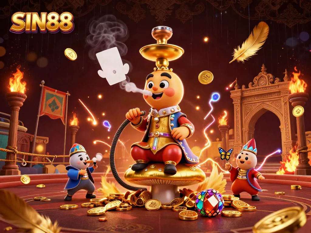 SIN88 casino-themed illustration featuring a caterpillar hookah-master with poker elements in a vibrant setting.