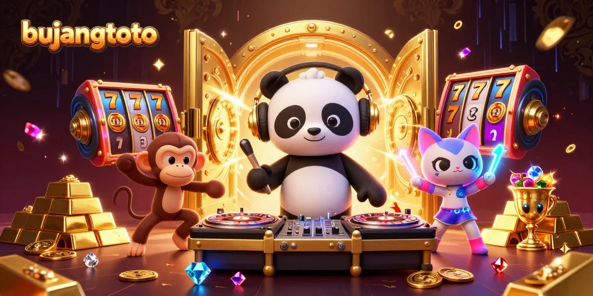 Bujangtoto reveals excitement with DJ panda spinning slots surrounded by gems and gold.