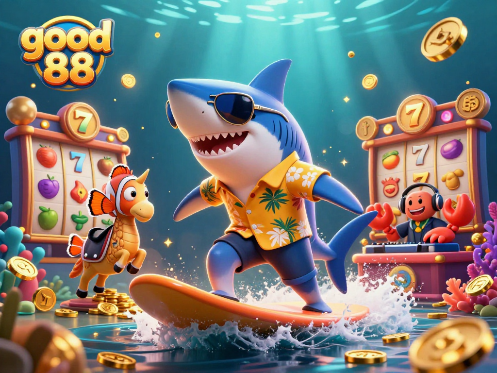 Engage with good 88 in this vibrant 3D casino scene featuring a hammer-head shark, clownfish, and crab DJ surrounded by fun slot elements.