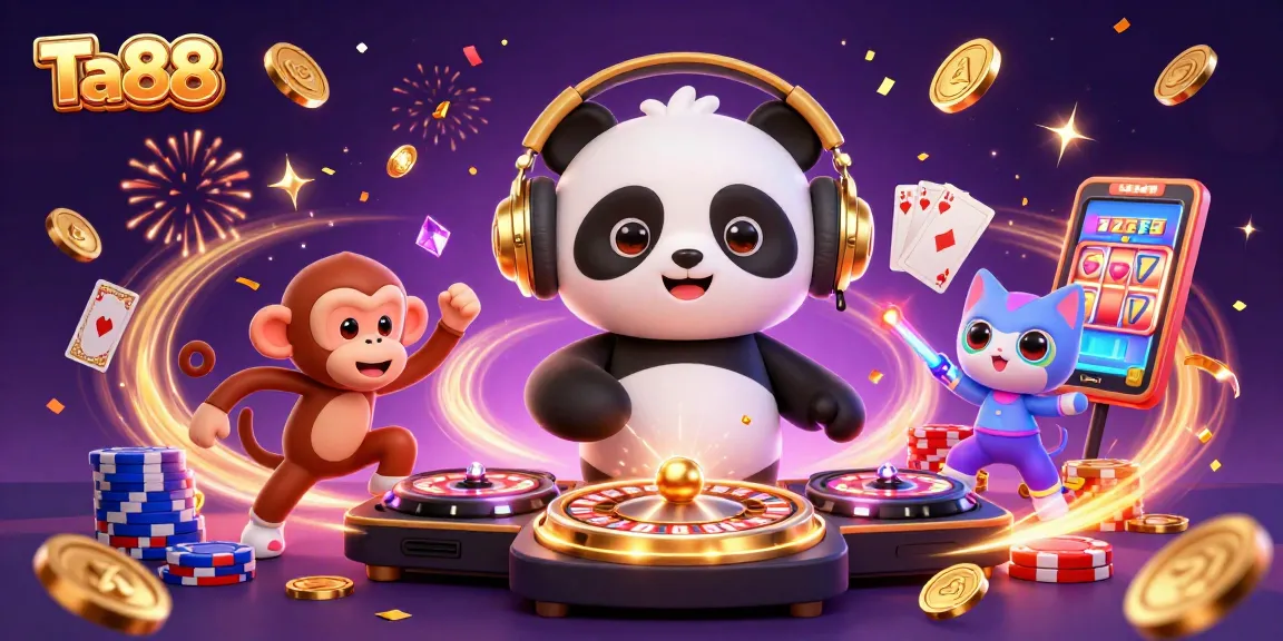 Engage with Ta88 excitement showcasing a DJ panda, breakdancing monkey, and glowing kitten in a vibrant gaming scene.