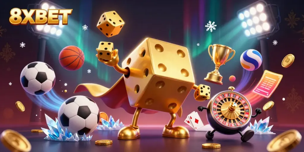 Experience thrilling gameplay with the 8XBET fantasy world filled with golden dice, sports balls, and dynamic gambling elements.