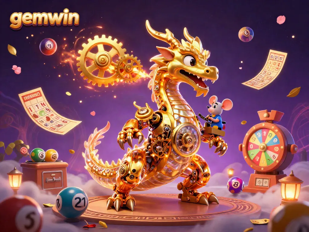 Experience the excitement of gemwin with a golden dragon amid colorful lottery elements and dynamic casino visuals.