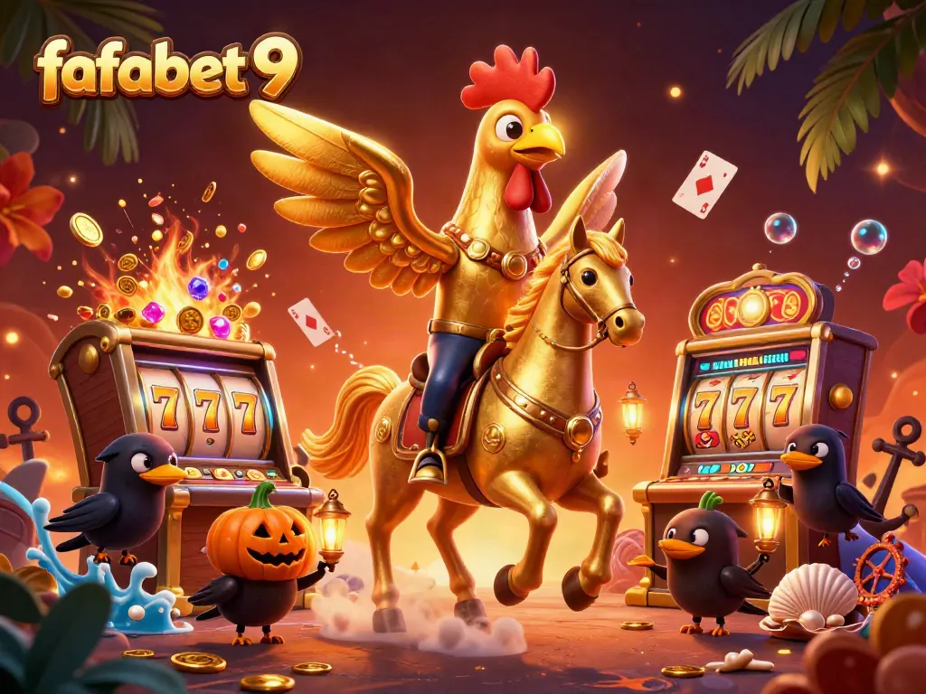Experience the thrill of fafabet 9 with a golden rooster and treasures in a vibrant casino scene.