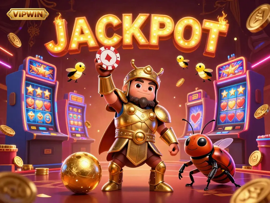 Experience the thrilling world of VIPWIN with cartoon beetles celebrating a jackpot in an engaging 3D casino illustration.