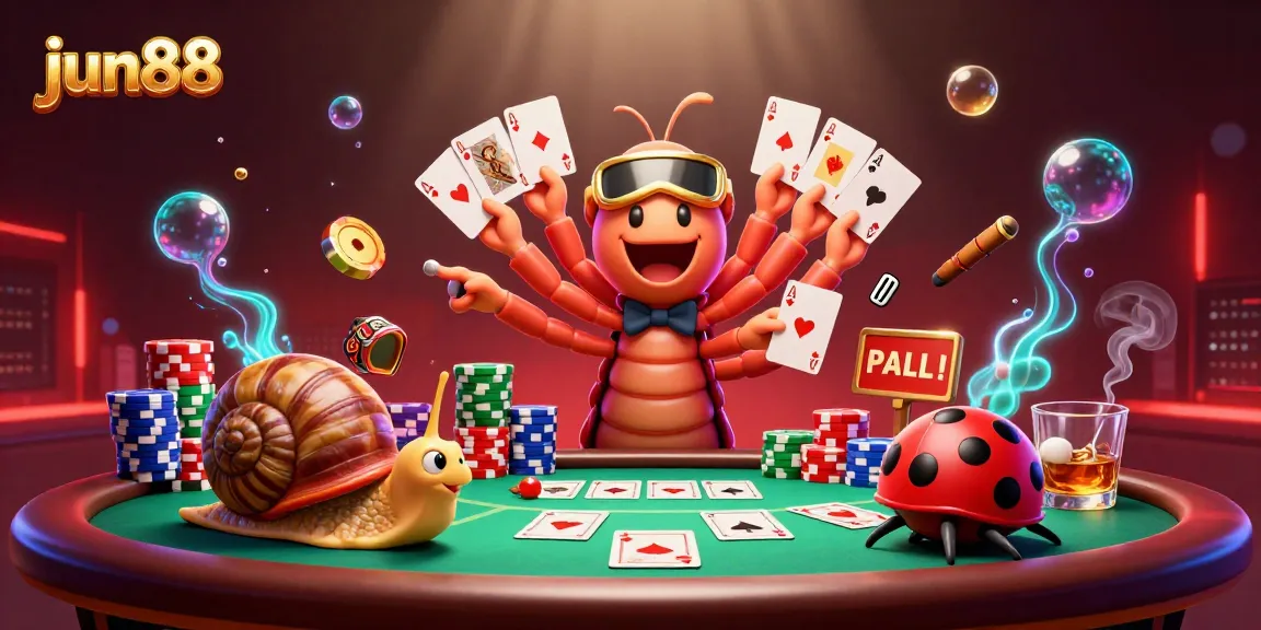 Experience the excitement of jun88 with a vibrant casino scene featuring a lively cartoon dealer.