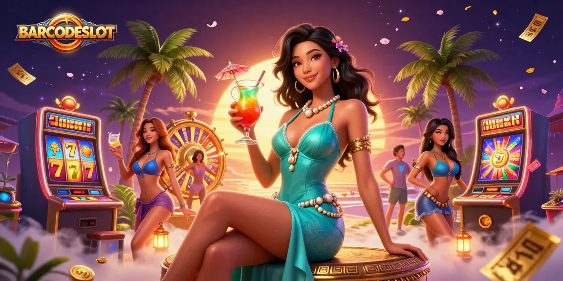 Experience the thrill of BARCODESLOT with vibrant slot symbols and dynamic elements in a casino setting.