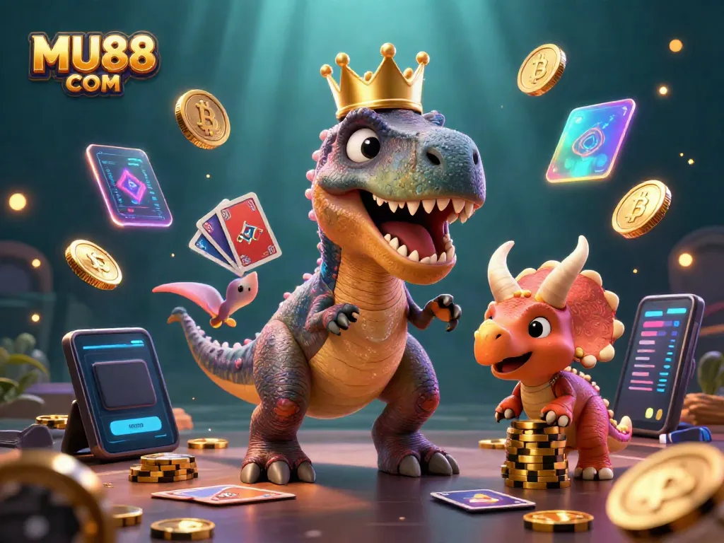 Experience fun at MU88 COM with a T-Rex shuffling cards and vibrant crypto elements surrounding in a dynamic casino scene.
