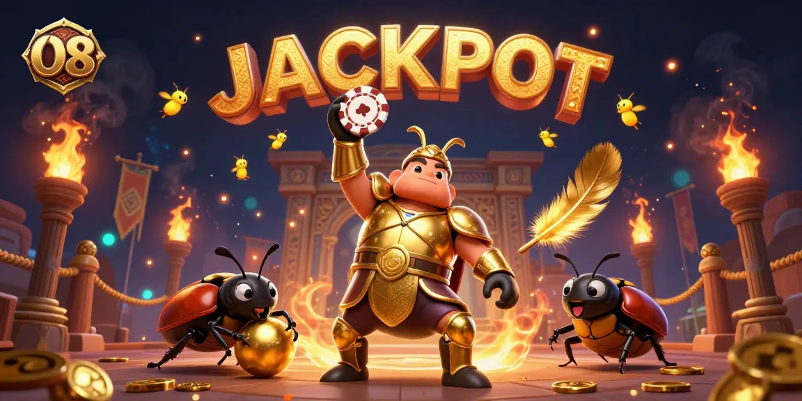 Win big at O8 with a cartoon beetle triumphantly celebrating with casino games and rich visuals.