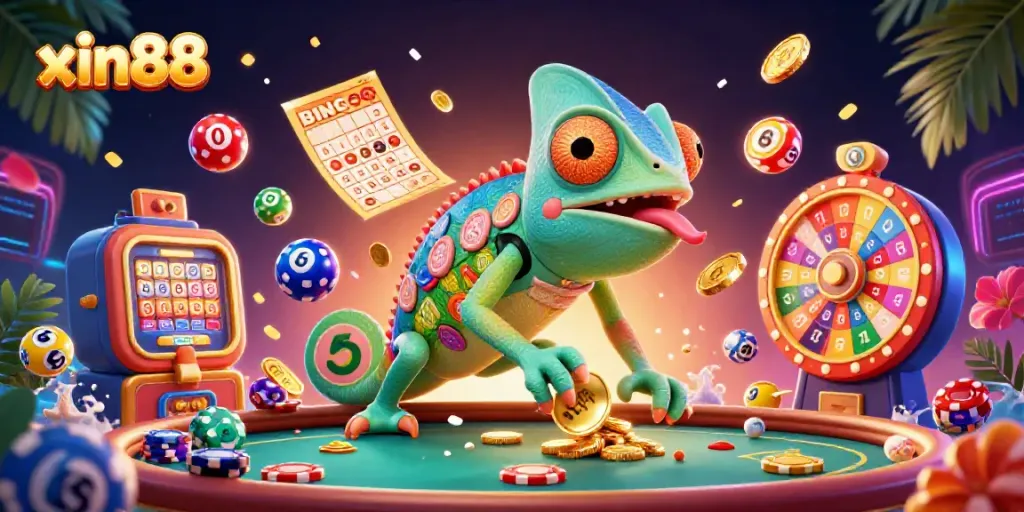 Experience thrilling casino action with xin88's vibrant 3D illustration of a chameleon owner capturing golden coins.