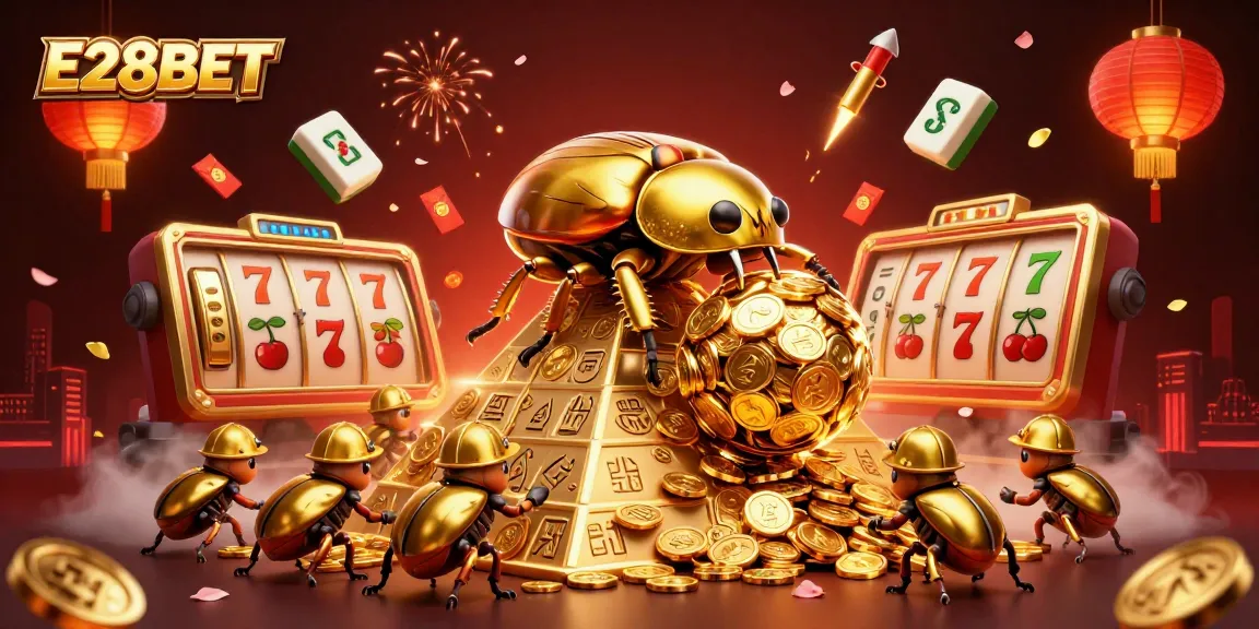 E28BET showcases a vibrant gaming scene with golden beetles and slot reels in action.