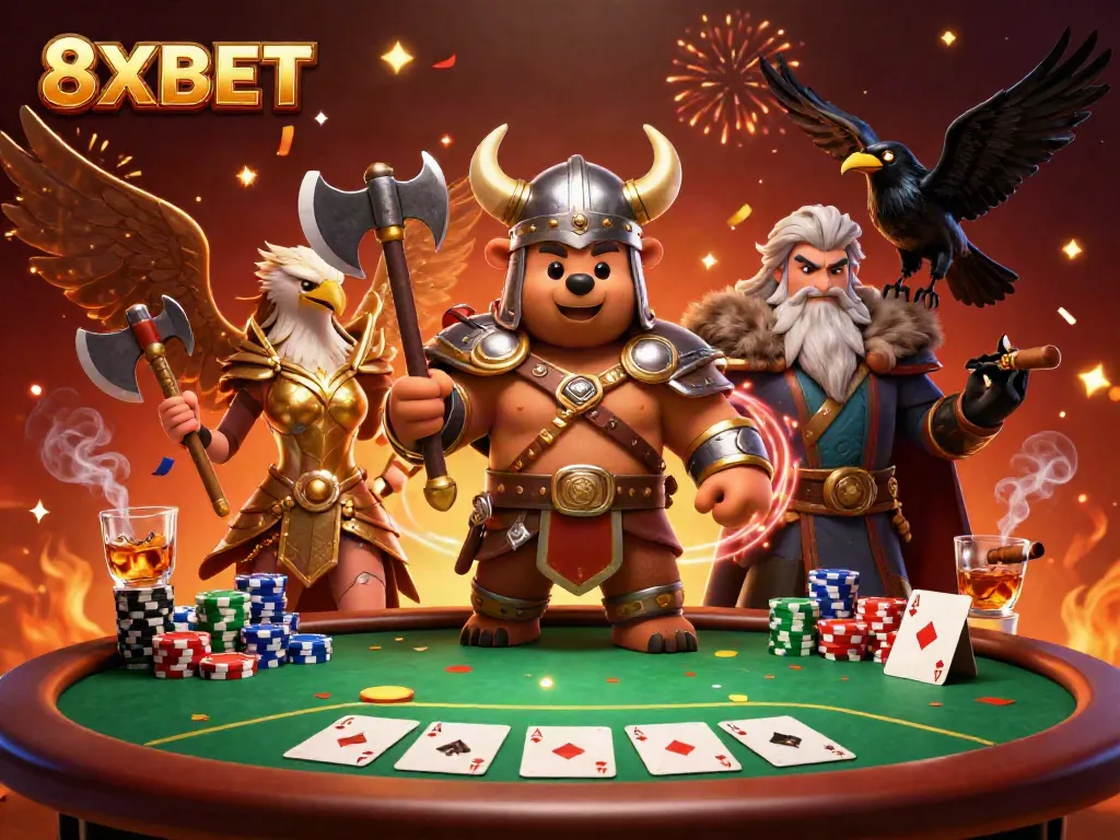 Engage in thrilling gameplay with 8XBET, showcasing Viking bear and Valkyrie eagle amidst vibrant poker action.