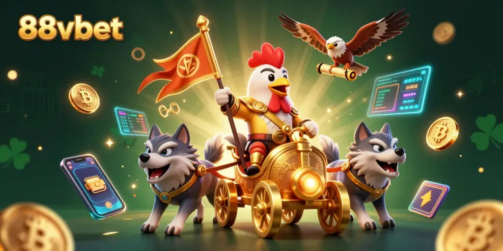 Engage with 88vbet's thrilling casino experience featuring a dynamic 3D rooster warlord and crypto elements.