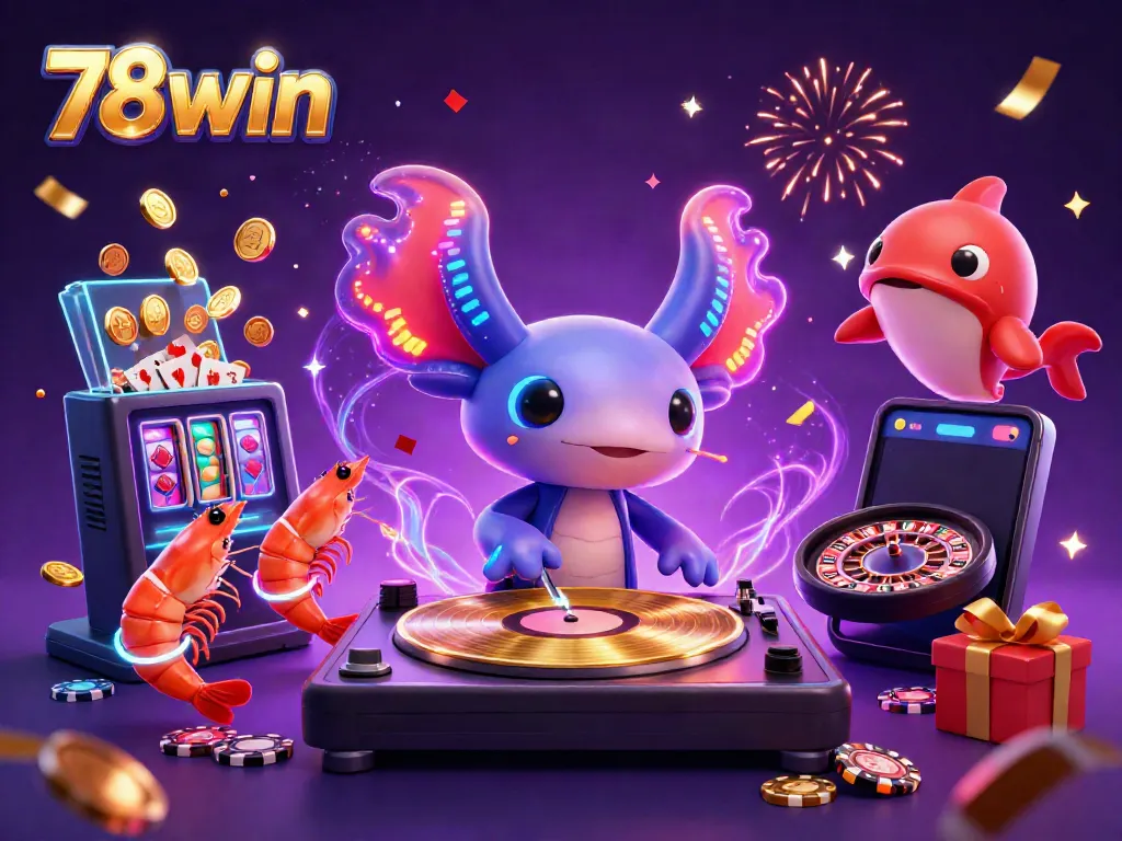 Engage with 78win's vibrant gaming experience featuring a lively DJ axolotl and dynamic sea creatures.