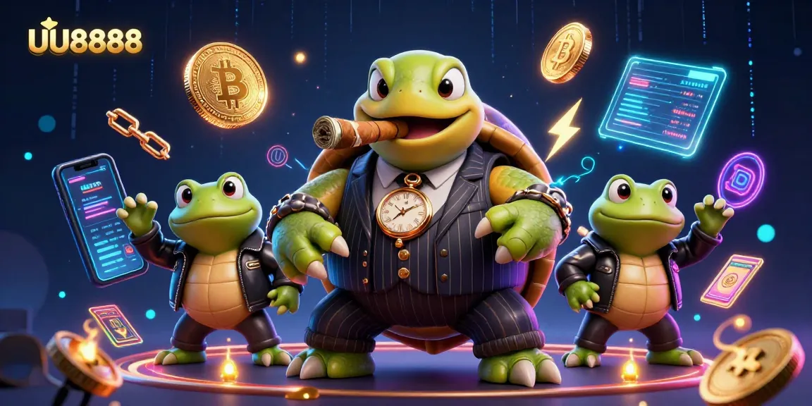 Engage with the UU8888 casino scene filled with vibrant characters and crypto elements.