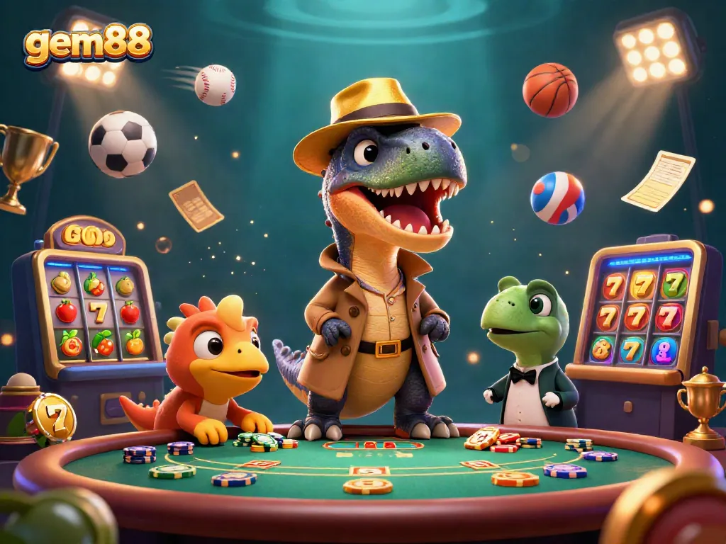 Join the gem88 action as a velociraptor card counter tries to blend in at a busy blackjack table with games and sports elements.