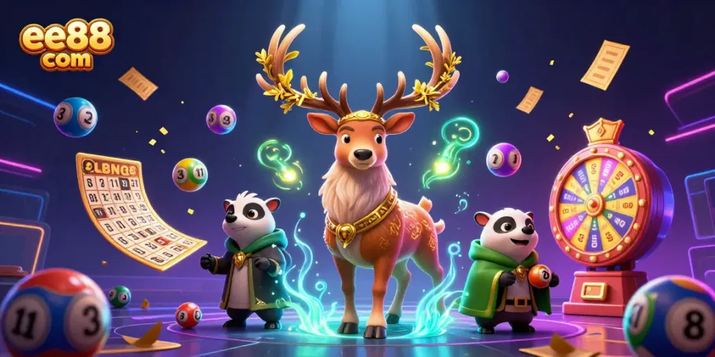 Engage with thrilling lottery excitement at ee88 com featuring colorful bouncing lottery balls and vibrant game elements.