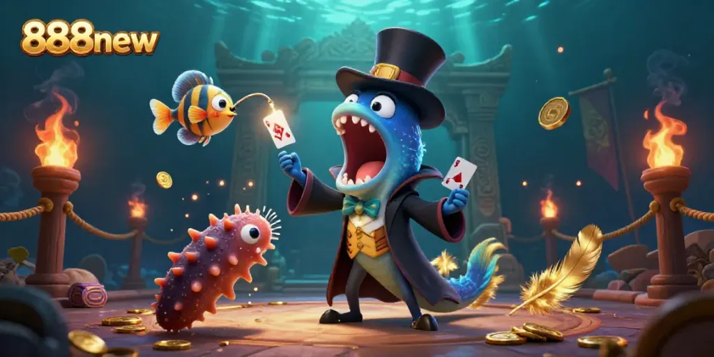 Witness 888new's enchanting deep-sea performance featuring a magician eel and anglerfish spotlighting casino-themed magic.
