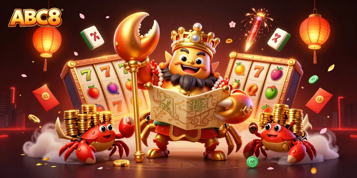 Engage with ABC8's dynamic gaming scene featuring a golden crab emperor, slots, and vibrant symbols.