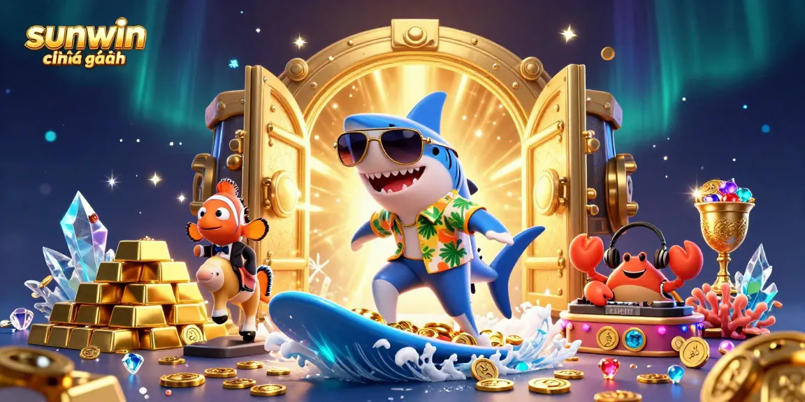 Experience the thrill of sunwin chính hãng with vibrant casino action featuring a shark surfer, clownfish, and DJ crab.