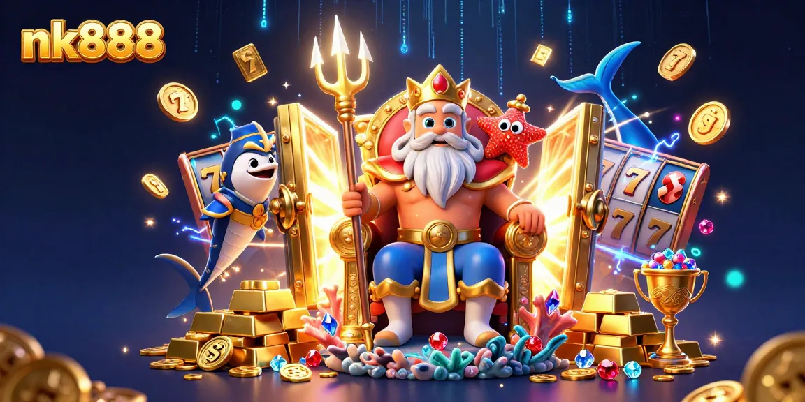 Play on nk888 with a vibrant scene featuring sea king Neptune, treasure, and exciting slot elements.