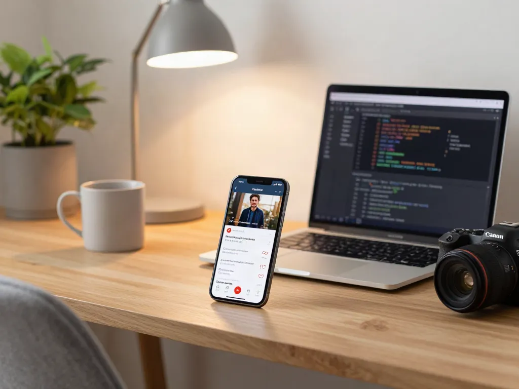 Engaged user streaming Pikashow for iOS on iPhone in a cozy home office.
