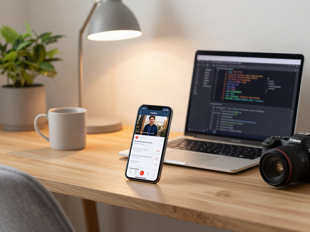 Engaged user streaming Pikashow for iOS on iPhone in a cozy home office.