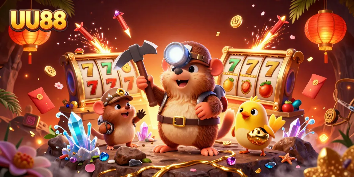 Experience thrilling gameplay at UU88 with vibrant slot reels, treasures, and colorful casino elements.