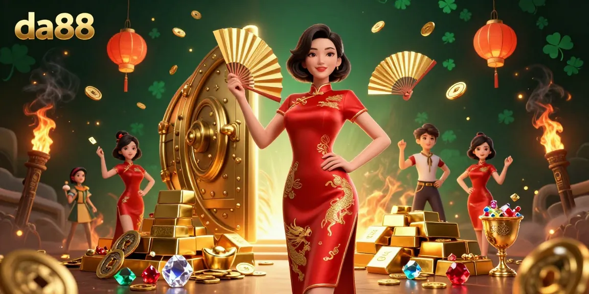 Spin the reels at da88 casino, featuring a stunning woman in a red qipao amidst treasure and lights.