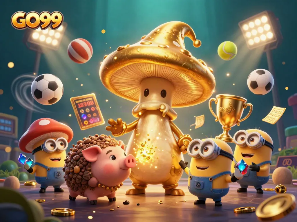 Experience the magic of GO99 with a golden mushroom wizard and a treasure-hunting pig in this vibrant casino scene.