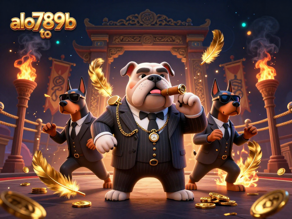 Engage in thrilling gaming action at alo789b to, featuring a vibrant 3D casino scene with a mafia bulldog and bodyguard Dobermans.
