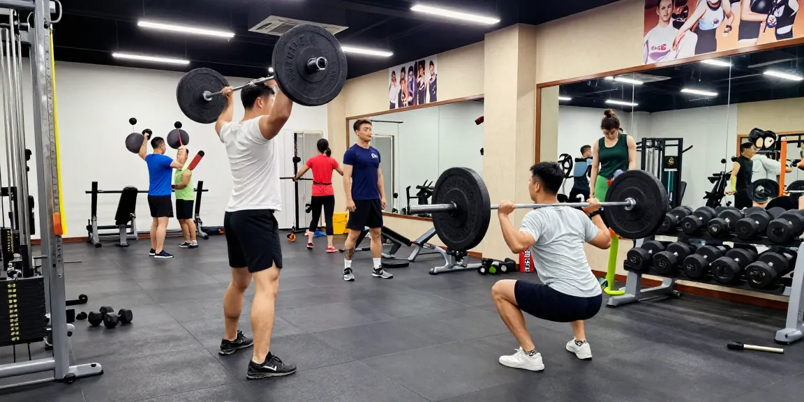 Een energieke fitnessomgeving bij Unique Pharma Steroïden Winkel met enthousiaste sporters die gewichten tillen en squats doen.