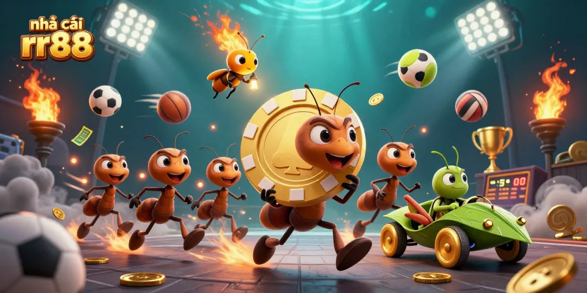 Catch the excitement at nhà cái rr88 with ants stealing a giant poker chip amidst a vibrant casino scene.