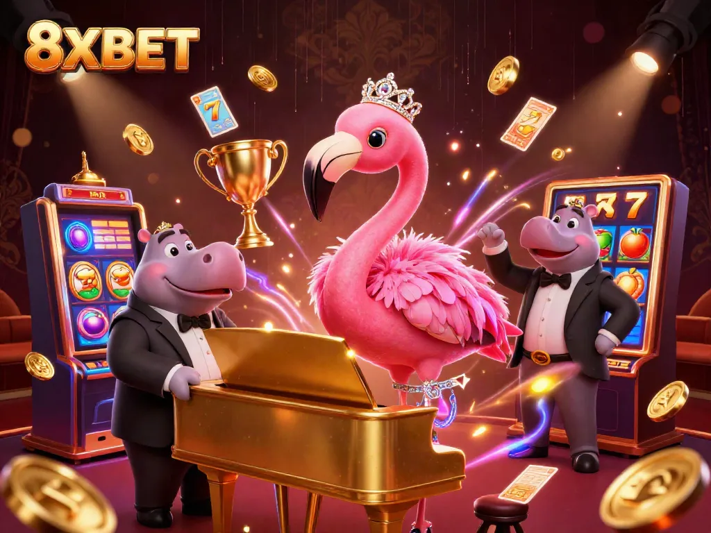 Experience the immersive excitement of 8XBET with dynamic 3D gambling elements and characters in vibrant colors.