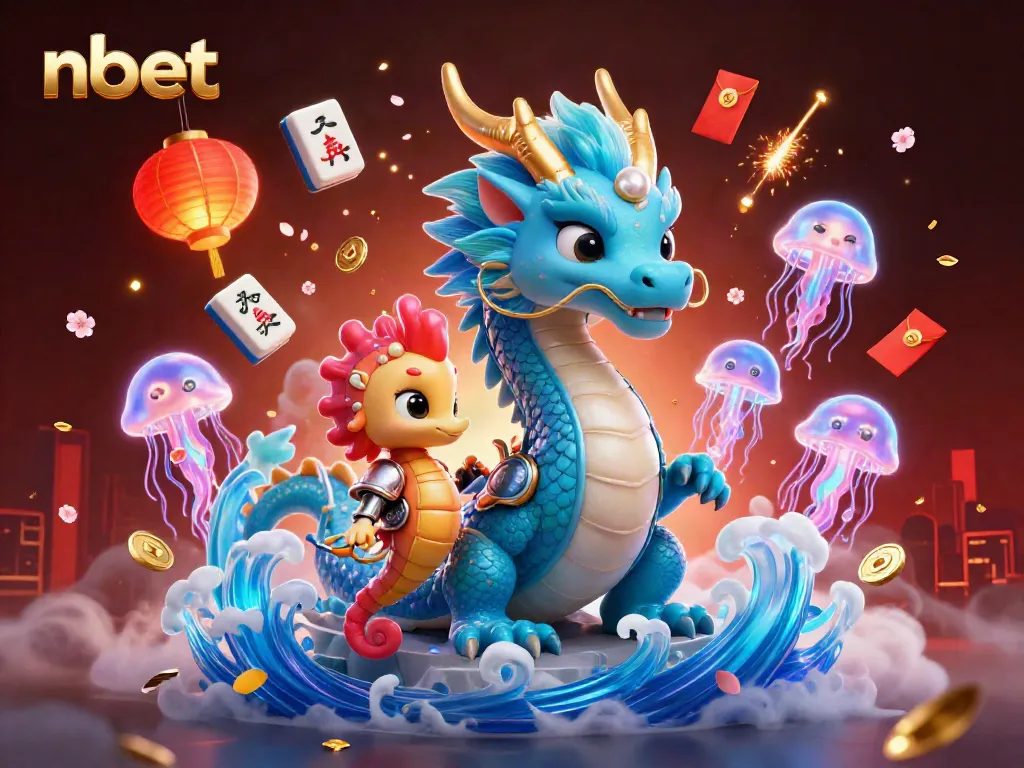 Win big at nbet with vibrant gaming visuals featuring mythical creatures and festive decorations.