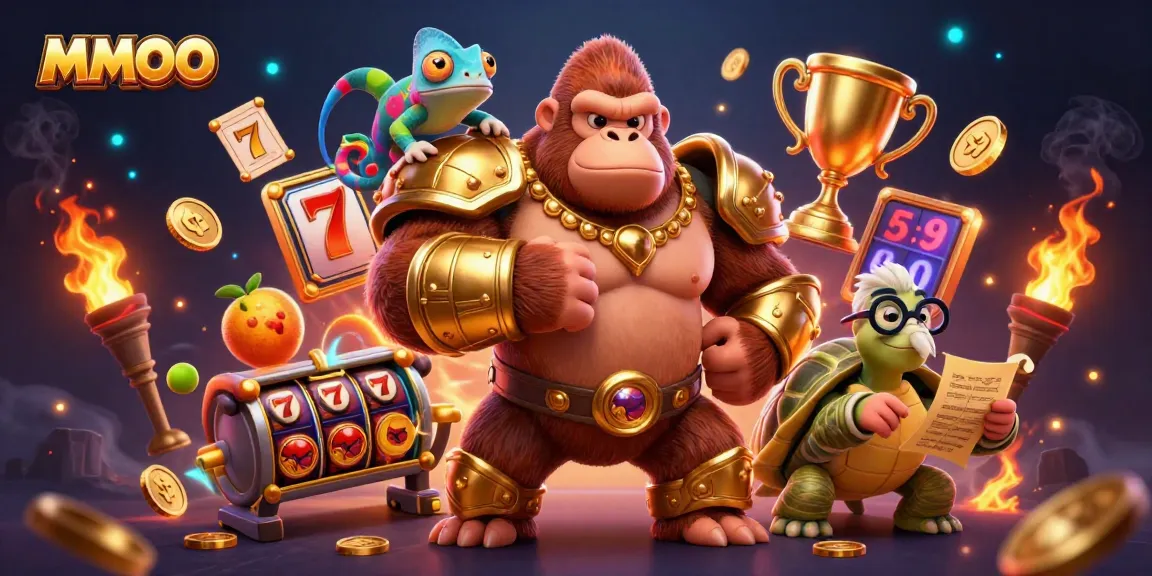 Experience MMOO excitement with a 3D illustration of a gambling adventure featuring dynamic slot elements.