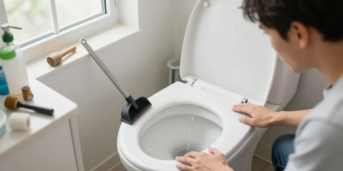 Verstopte wc met persoon die zich zorgen maakt in de badkamer, urgentie van professionele hulp