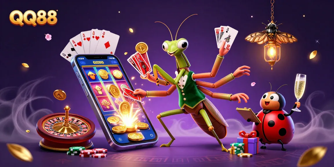 QQ88 showcases a vibrant casino scene with a praying mantis card sharp and lively characters.