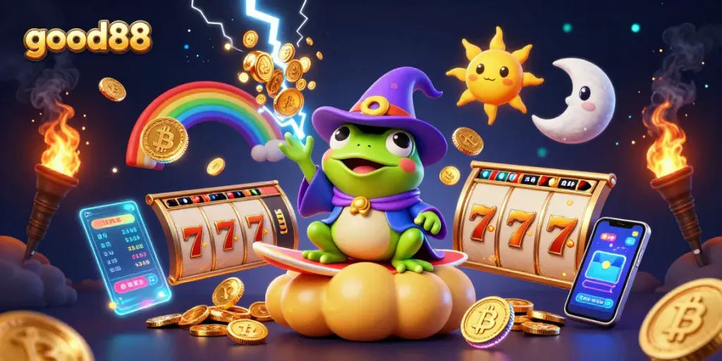 Experience winning moments at good88 with vibrant casino action, golden coins, and exciting gaming elements.