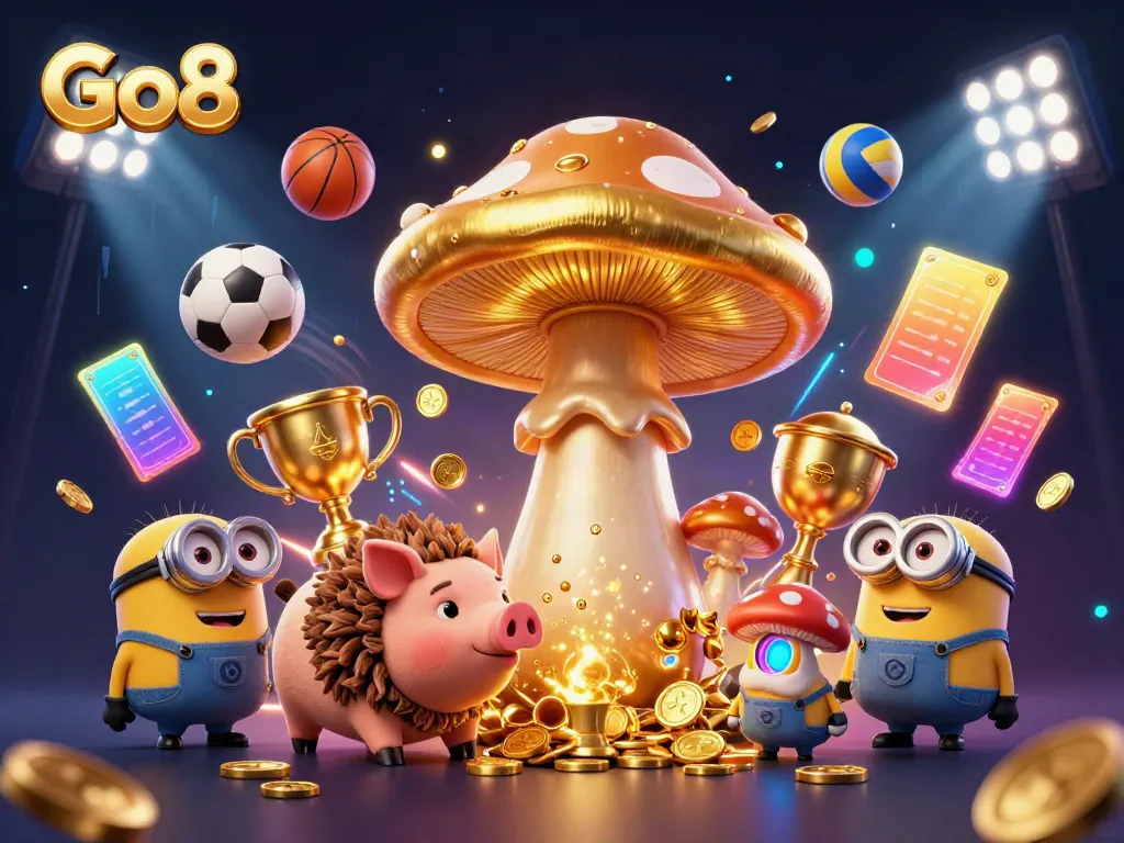 Experience thrilling moments at Go8 with the magical golden mushroom wizard and sports elements in a vibrant casino scene.