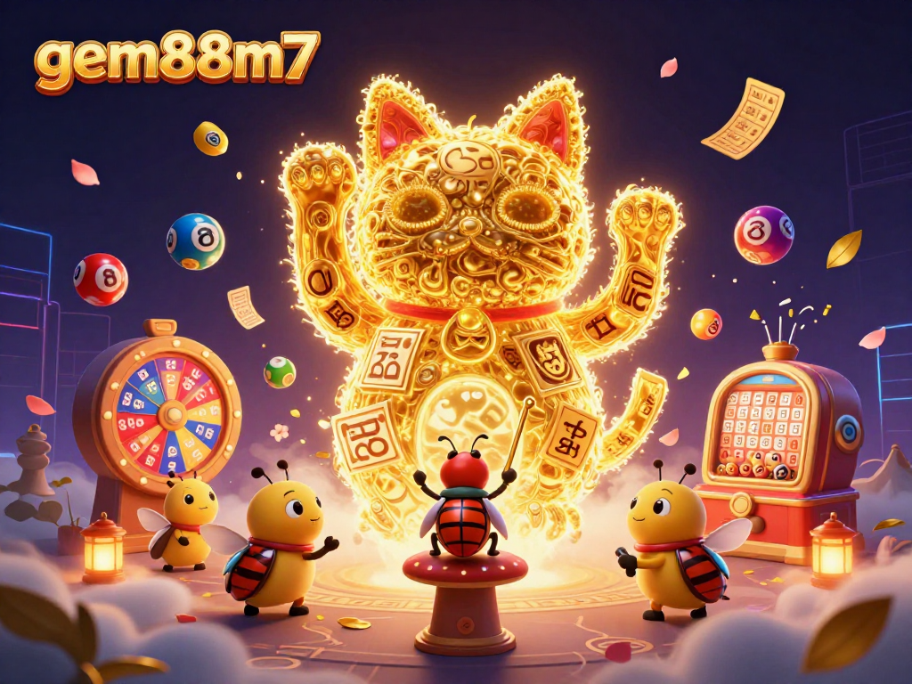 Exciting gem88m7 illustration of a giant lucky cat amidst casino symbols depicting vibrant lottery balls, tickets, and prizes.