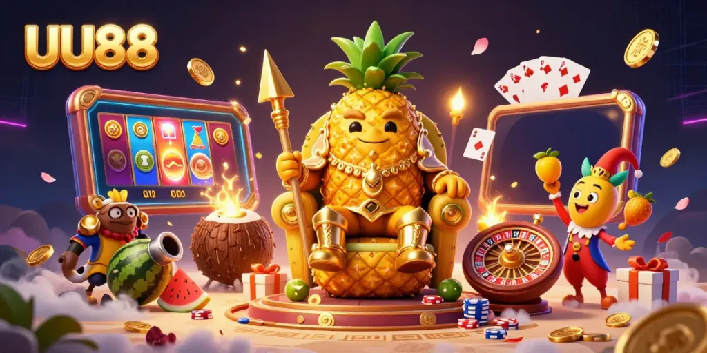 Unleash excitement with UU88's vibrant casino scene featuring a pineapple king and dynamic slot games.