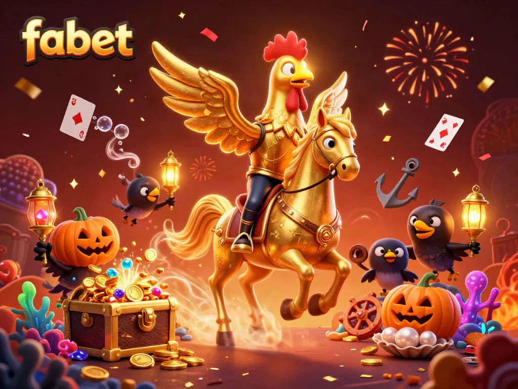 Experience magical moments at fabet with golden rooster and spectral horse amidst casino treasures.