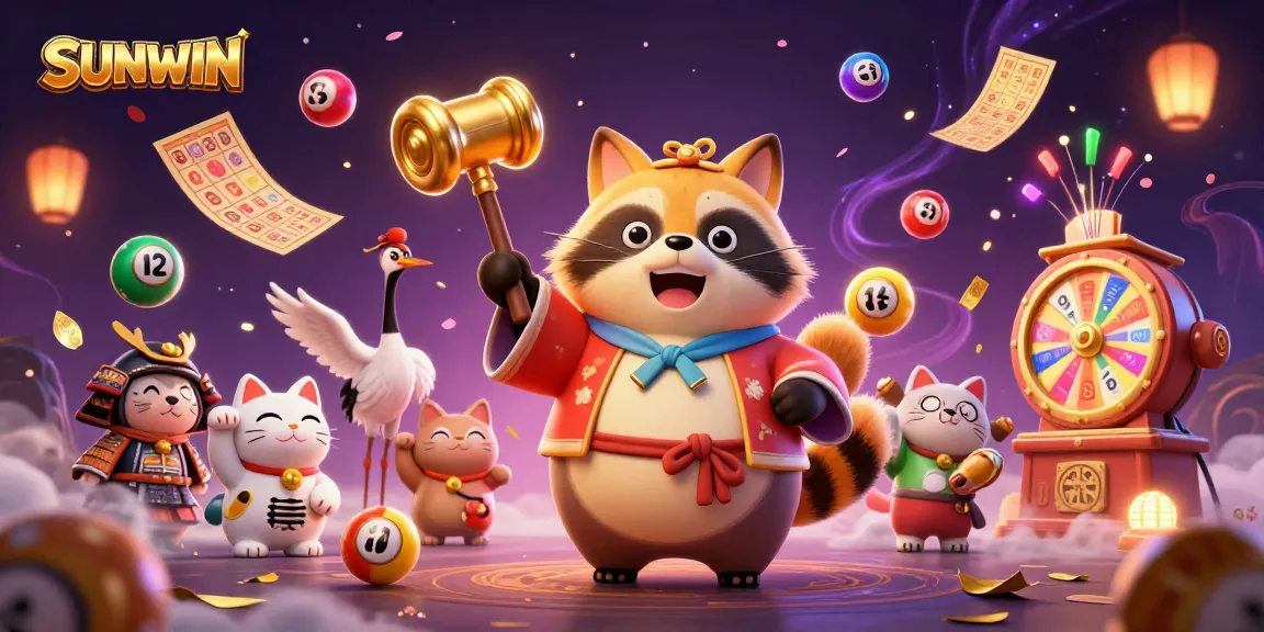 SUNWIN's vibrant 3D cartoon scene showcases a lucky tanuki and friends amidst lively lottery elements celebrating casino excitement.